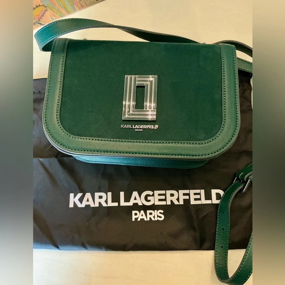 Karl Lagerfeld Paris Simone Crossbody Bag in Green Jewel Leather and Suede - Picture 2 of 14